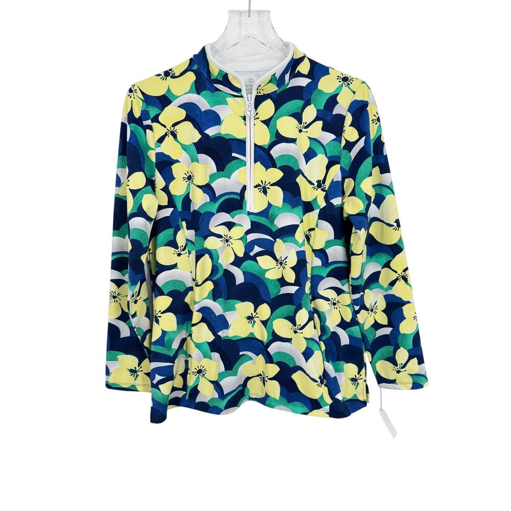 T By Talbots Out and About active top large 1/2 zip pullover floral blue yellow